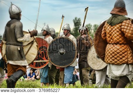 Russia, Staraya Ladoga 23,06,2012 Reenactors With Shields And Spears During The Battle, The Festival