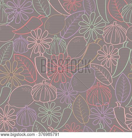 Pastel Colors On A Dark Purple Background Kitchen Theme Seamless Repeating Pattern. Beautiful Hand D