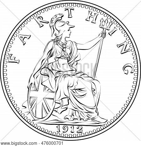 Vector Money Coin British Farthing, Britannia On Reverse. Black And White