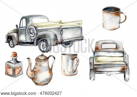 Vintage Watercolor Gray Trucks And Rusty Garden Equipment, Hand Draw N Illustration Of Old Car On A 