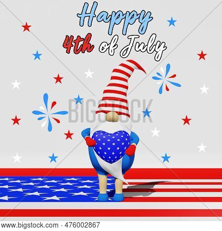 United States Independence Day Gnome In Striped Hat 3D Rendering. 4Th Of July National Usa Holiday G