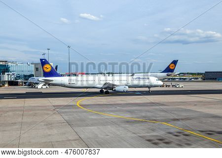 Frankfurt, Germany - September 20, 2012:  Lufthansa Aircraft Parking At The Apron In Frankfurt. Ther