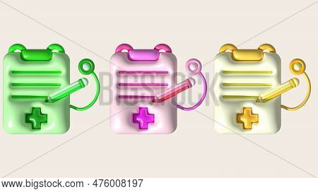 3d Illustration. Checklist Or Patient History With Stethoscope. Icon Of Patient Treatment Diagnosis 