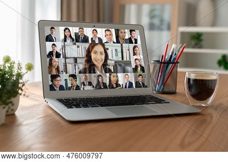Business People On Video Conference For Modish Virtual Group Meeting Of Corprate Business Office Wor