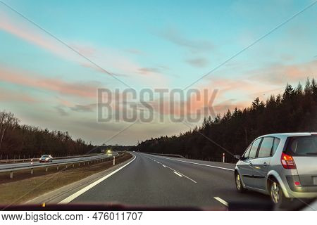 Movement On The Evening Highway, Beautiful Sunset Sky.