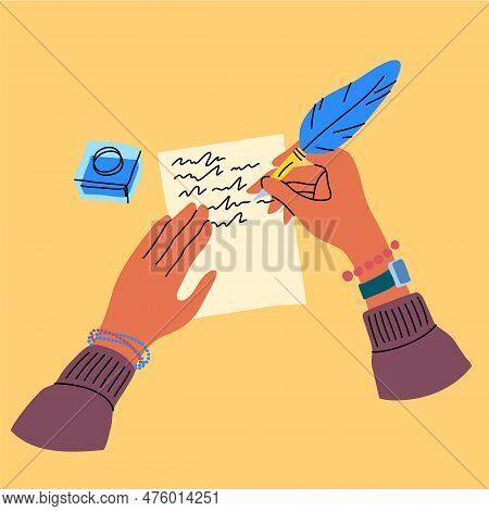 Vector Hands Writing A Letter With A Feather Pen On Paper With A Bottle Of Ink On Plain Background I