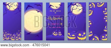 Happy Halloween Stories Template For Phone. Business Card With Pumpkins, Bats And Moon Story. Social