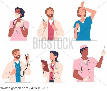 Set With Medical Workers. Female And Male Portraits Of Doctors, Surgeons And Nurses In Uniform. Char