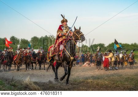 Gniew, Poland, Aug 2020 Castellan Riding On A Horse With Sword Out, Leading His Hussars, Polish Heav