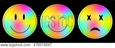 Holographic Smiley Stickers In Y2k Style. Retro Futuristic Elements With Iridescent Foil Film. Vecto