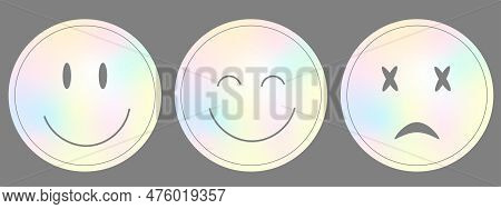 Holographic Smiley Stickers In Y2k Style. Retro Futuristic Elements With Iridescent Foil Film. Vecto