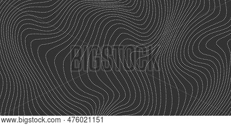 Dotted Wave Lines On Dark Background. Abstract Wavy Stripes Texture. Warped And Curved Dashed Lines 