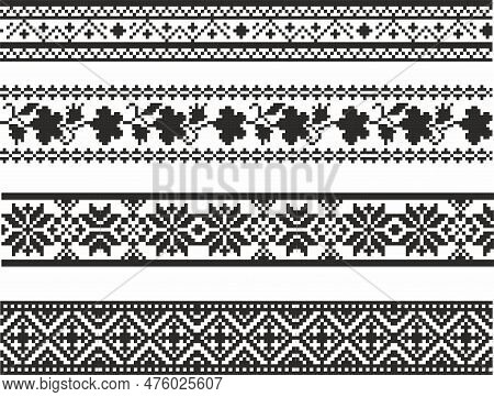 Vector Set Of Monochrome Seamless Ukrainian Borders. Endless Patterns Of Slavic Peoples, Russians, B
