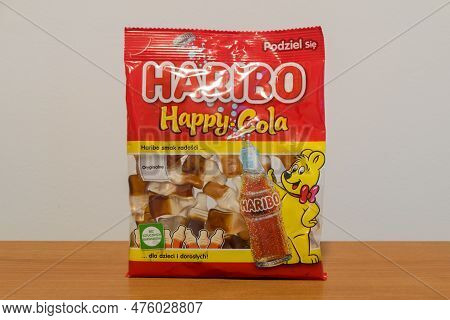 Pruszcz Gdanski, Poland - April 1, 2023: Haribo Happy Cola Jelly Beans.