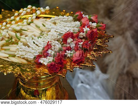The Garland Is Placed On A Golden Pedestal On Blur Background, Nature, Object, Worship, Buddha, Copy