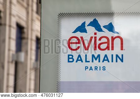 Bordeaux , Aquitaine  France - 02 27 2023 : Evian Natural Mineral Water Logo Text And Balmain Paris 