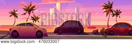 Car Drive On Road Near Sea, Skyscrapper Sunset View Vector Background. Palm Tree On Ocean Embankment