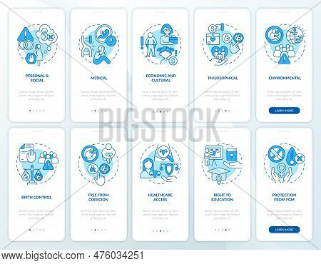 Reproductive Choice Blue Onboarding Mobile App Screen Set. Pro Choice Walkthrough 5 Steps Editable G