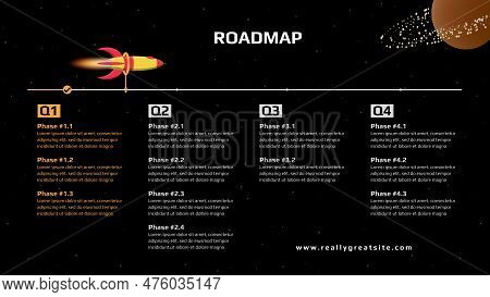 Horizontal Quarterly Roadmap With Rocket And Milestones On Space Black Background. Timeline Infograp
