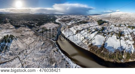 Aerial View Of Snow Covered Gweebarra River Between Doochary And Lettermacaward In Donegal - Ireland