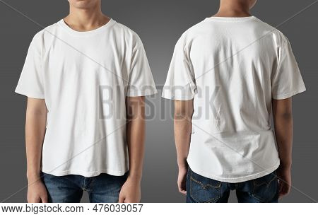 White T-shirt Mock Up, Front And Back View, Isolated. Teenage Male Model Wear Plain White Shirt Mock