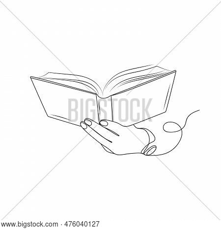 Hand Holding Open Book. Line Art Drawing. Reading, Education Concept. Hand Drawn Vector Illustration