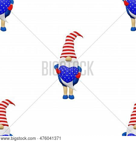 United States Independence Day Gnome Striped Hat Seamless Pattern. 4Th Of July National Usa Flag Hol