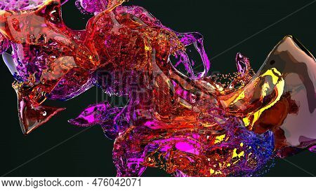 3d Render, Crystal Iridescent Color Liquids Splash, Abstract Fluid Background