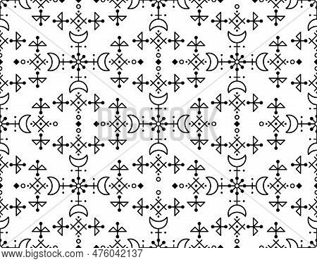 Icelandic Inspired Folk Art Vector Seamless Pattern With Geometric Tribal Line Art Designs, Moons An