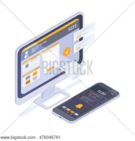Isometric Online Banking Transaction Concept. Mobile Payment, Internet Secure Money Transfer Isolate