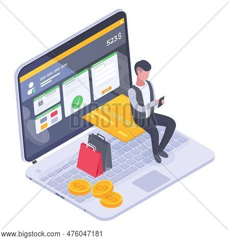 Isometric Online Shopping, Electronic Payment Service. Mobile Payments, Online Money Transfer 3D Vec