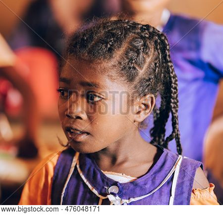 Vohitsaoka, Ambalavao, Madagascar - November 17. 2022: Happy Malagasy School Girl, Students In Class