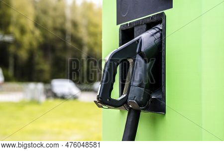 Charging Station For Electric Cars. Types And Connectors Of Ports For Charging Vehicles.