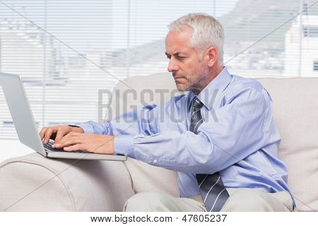 Staffroom 在沙发上用他的笔记本电脑的商人
