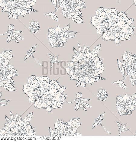 Seamless Pattern With Peonies. Detailed Monochrome Drawing. Vector Illustration.