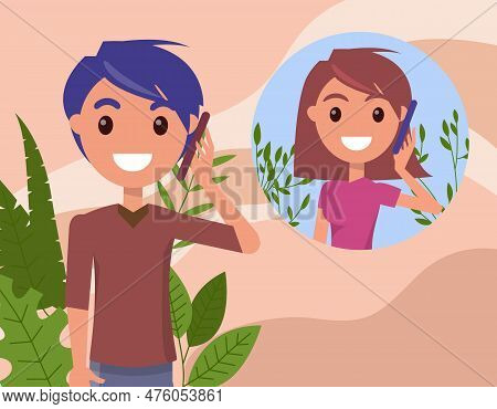 Friends Make Cell Phone Call. Young Woman Talking With Man By Smartphone. Conversation Between Girl 