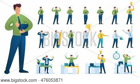 Set Of Businessman. Presentation In Various In Various Poses And Actions. 2d Flat Character Vector I