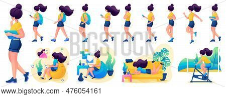 Presentation In Various Poses And Actions Character. Young Girl. 2d Flat Character Vector Illustrati