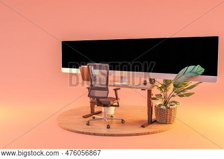 Single Computer Workspace On Podium With Giant Widescreen Monitor Display; Freelance And Home Office