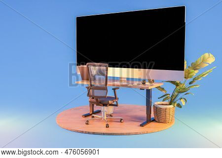 Isolated Computer Workspace On Wooden Podium With Giant Widescreen Monitor; Freelance And Home Offic
