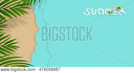 Summer Background Flat Lay Of Green Coconut Palm Leaves Over Sand,ocean Blue Waves Background,top Vi