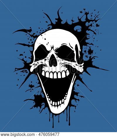 Skull Laughs. Vector Illustration Isolated On Blue. Human Skull With Mouth Open In Hideous Grin.