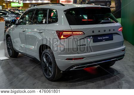 Riga, Latvia, April 28, 2023: New Skoda Karoq Sportline  Premiere At A Motor Show, 2023 Model, Rear 