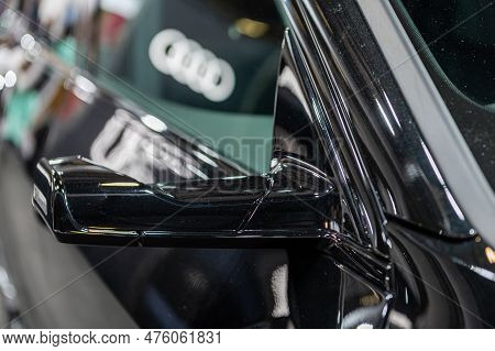 Riga, Latvia, April 28, 2023: Electric Audi Q8 E-tron Suv Car Side Mirror Camera In Closeup