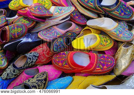 View Of Colorful Typical Shoes On Sell Display, In The Market Of The Old Medina Of Casablanca, Moroc