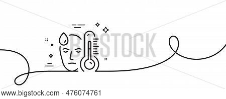 Sick Man With Fever Line Icon. Continuous One Line With Curl. Temperature Thermometer Sign. Flu Illn