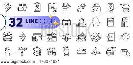 Outline Set Of Boiling Pan, Shopping Cart And Qr Code Line Icons For Web With Touchscreen Gesture, S
