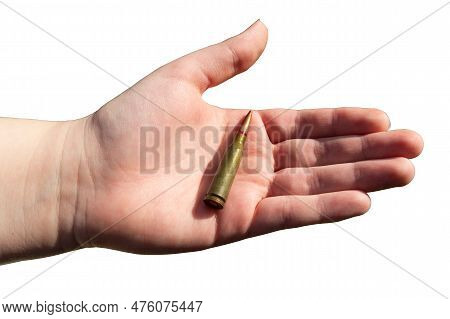 Rifle Cartridge In Hand On A Transparent Background. Close-up. Military Support Concept