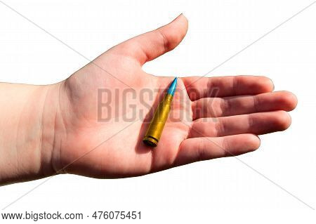 Yellow-blue Rifle Cartridge In Hand On A Transparent Background. National Symbols Of Ukraine. The Co