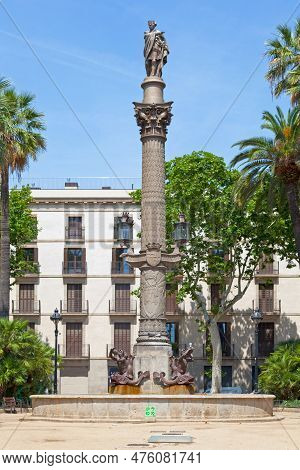 Barcelona, Spain - June 08 2018: Galceran Marquet Column Is A Sculptural Monument Located In The Pla